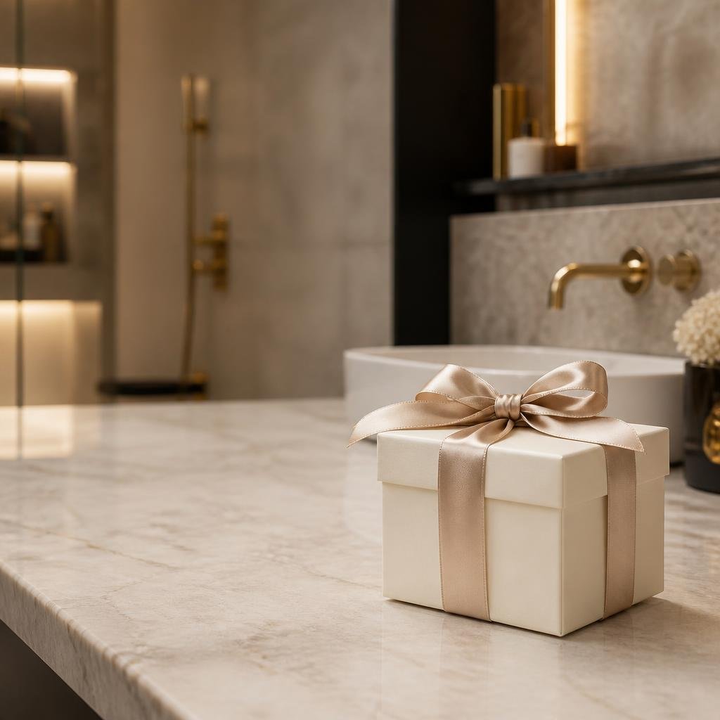 An elegant ivory gift box with a gold ribbon in a luxury bathroom showroom